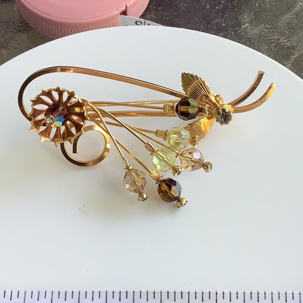 Yellow Gold Floral Brooch with Rhinestone Accents